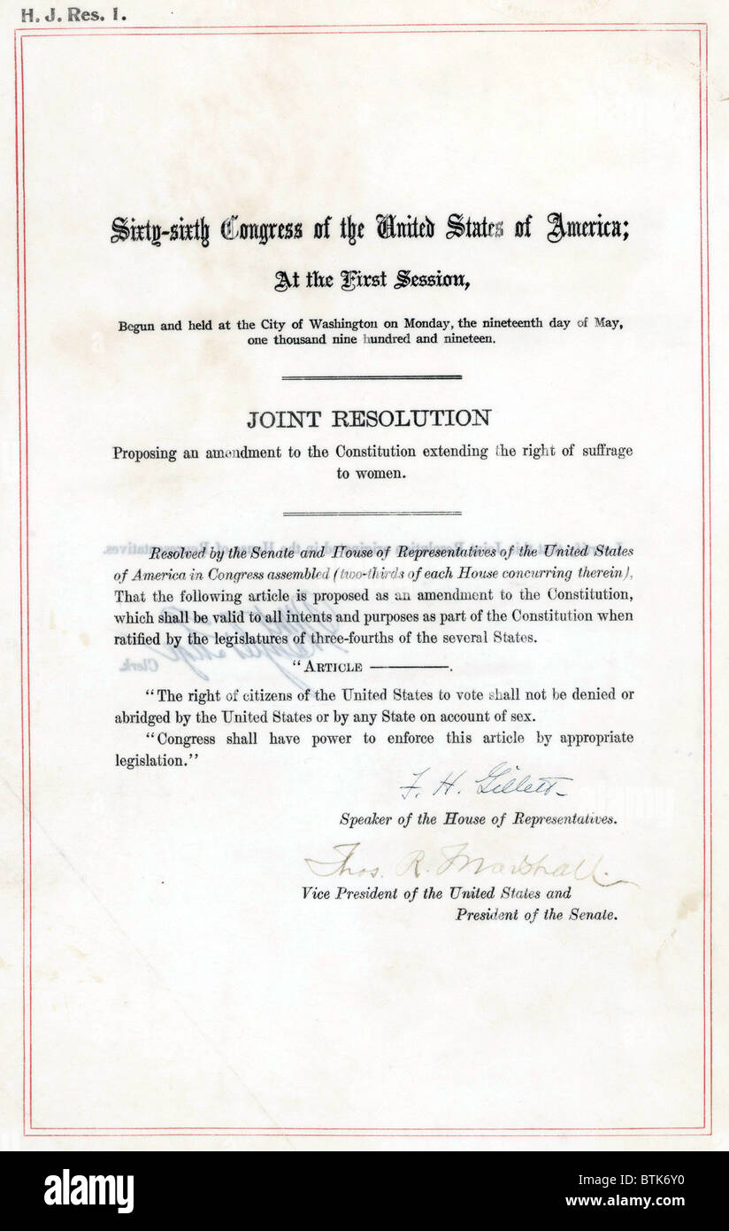 19th Amendment to the U.S. Constitution: Women's Right to Vote. Passed by Congress June 4, 1919, and ratified on August 18, 1920, the 19th amendment granted women the right to vote. Stock Photo