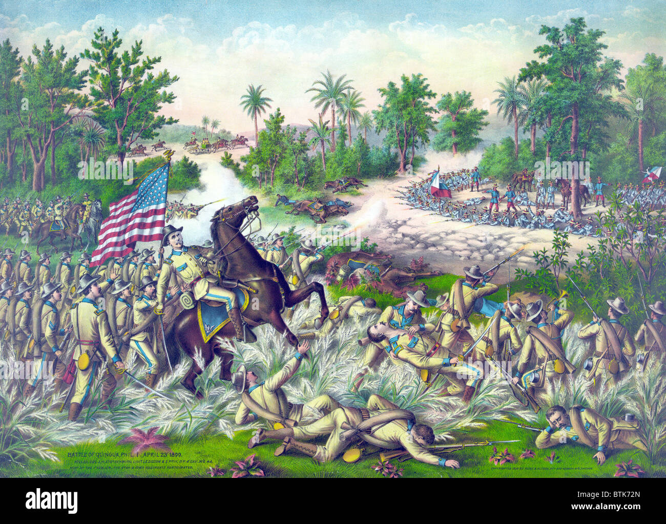 The Philippine–American War. The Battle of Quingua. Colonel Stotsenburg and the 1st Nebraskan Infantry come under fire from the Filipino army. color lithograph, April 23, 1899 Stock Photo