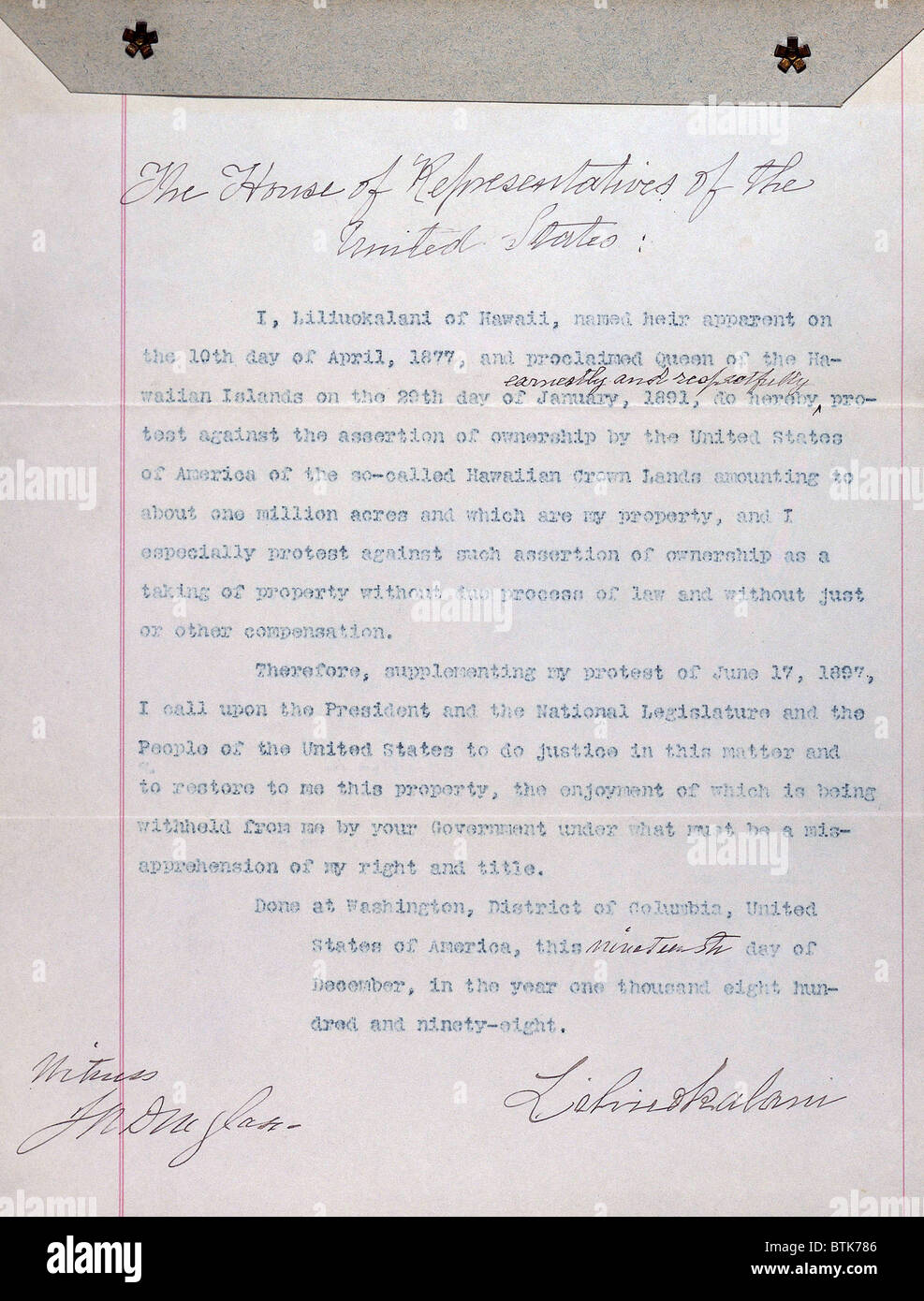 Hawaii. Letter from Liliuokalani, Queen of Hawaii to U.S. House of Representatives protesting U.S. assertion of ownership of Hawaii, December 19, 1898. Stock Photo