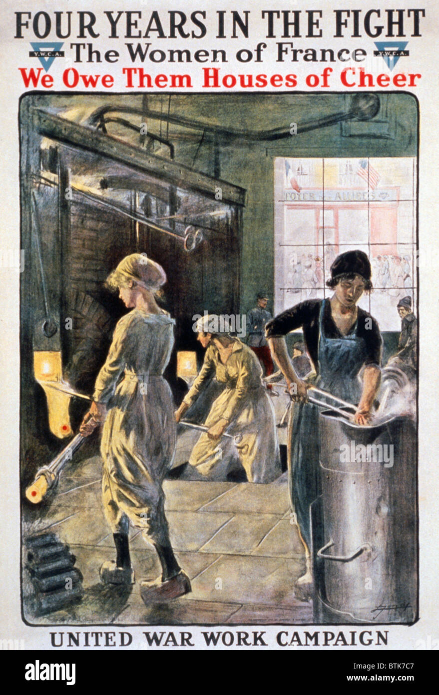 'Four years in the fight'. Women working in a munitions factory during World War I. YWCA fundraising poster. Color lithograph, ca. 1918 Stock Photo