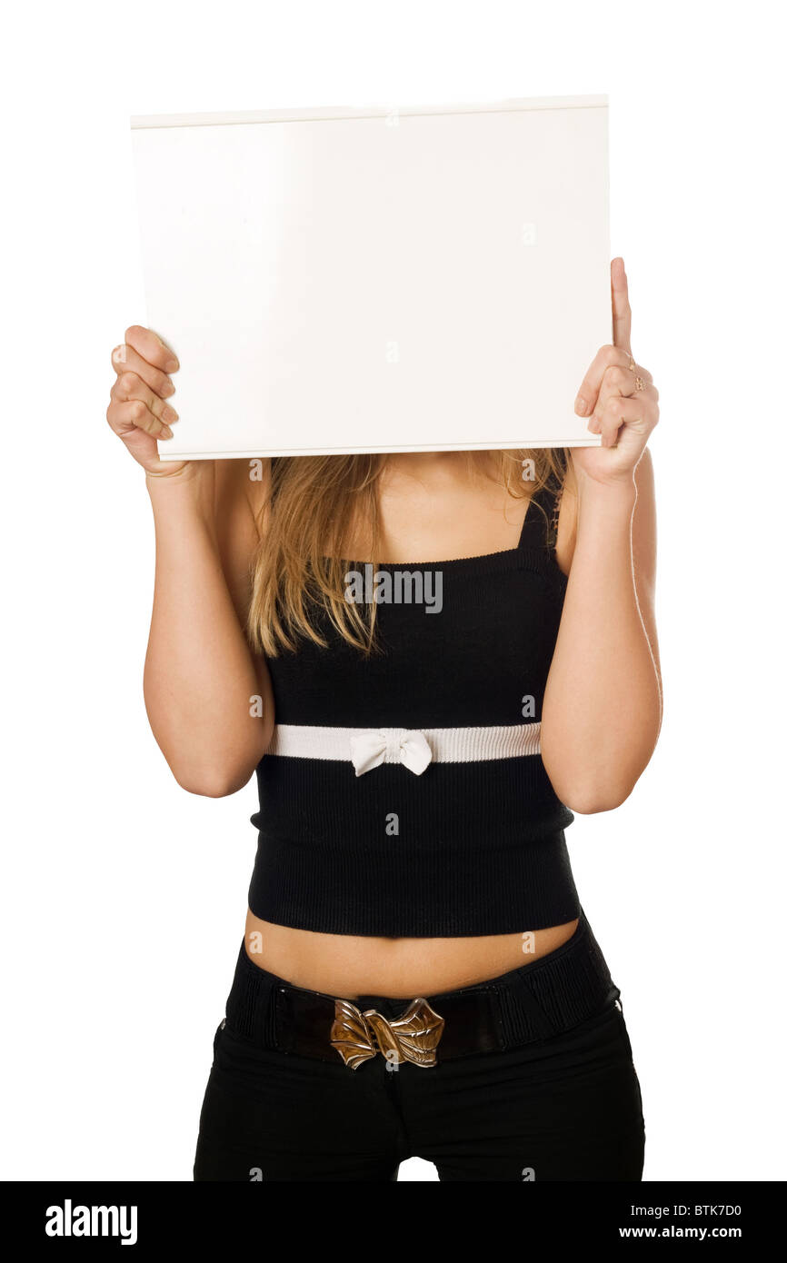 Woman covering her face with white board Stock Photo - Alamy