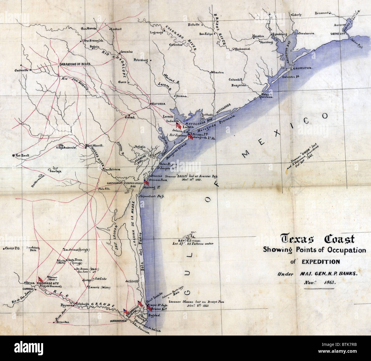 Texas Coast showing points of occupation of expedition under Maj. Gen. N.P. Banks. Shows towns, rivers, roads, selected shipwrecks, and Civil War 'Points of occupation' marked by U.S. flags Nov. 1863 Stock Photo