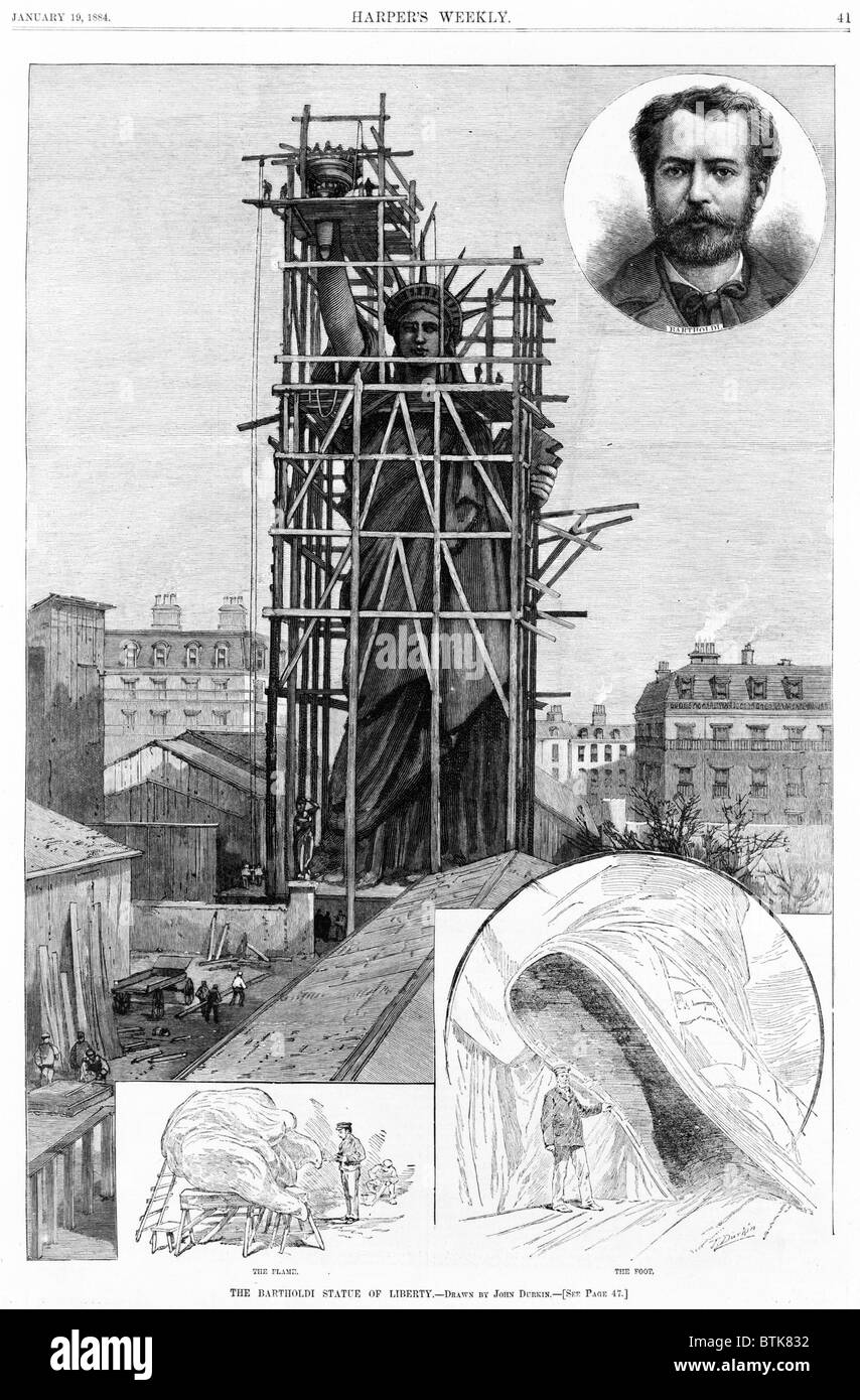 Statue of Liberty. Construction of the Statue of Liberty, showing the statue in scaffolding, man with the flame, man with the foot, and head-and-shoulders portrait of Frederic Bartholdi. Engraving ca. 1884 Stock Photo