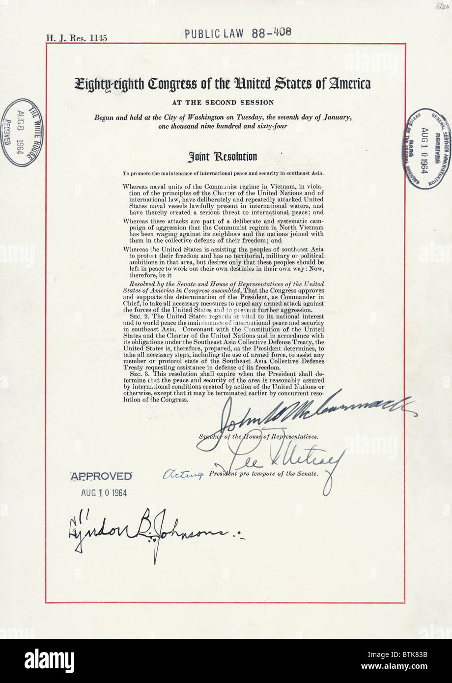 Vietnam War. Tonkin Gulf Resolution, August 7, 1964. This joint resolution of Congress gave President Lyndon Johnson authority to increase U.S. involvement in the Vietnam War. Stock Photo