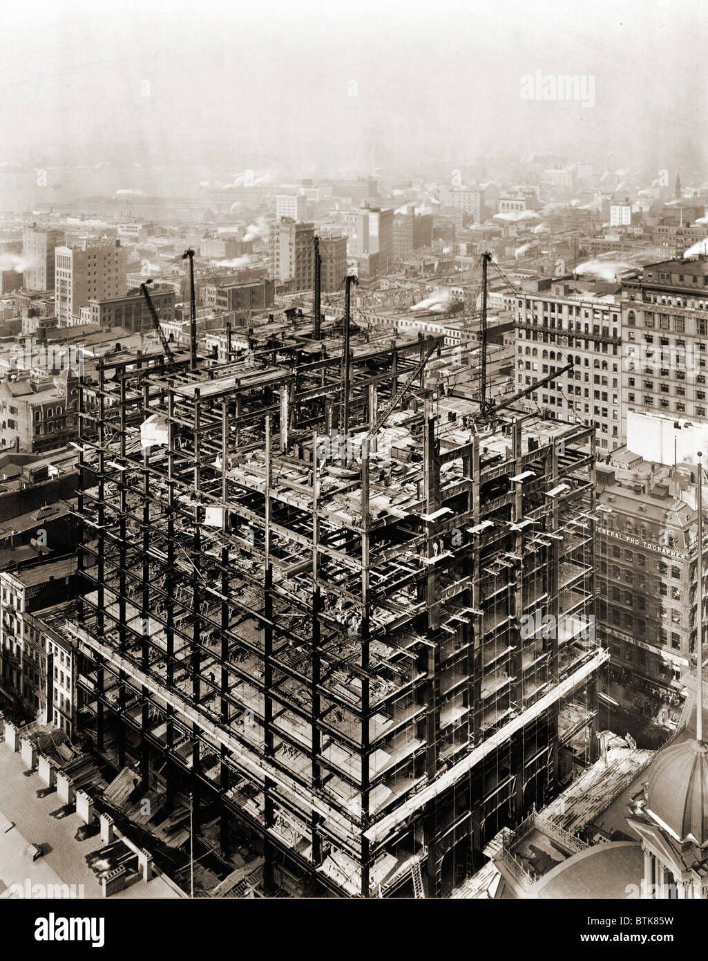 Woolworth Building steel frame structure under construction, New York