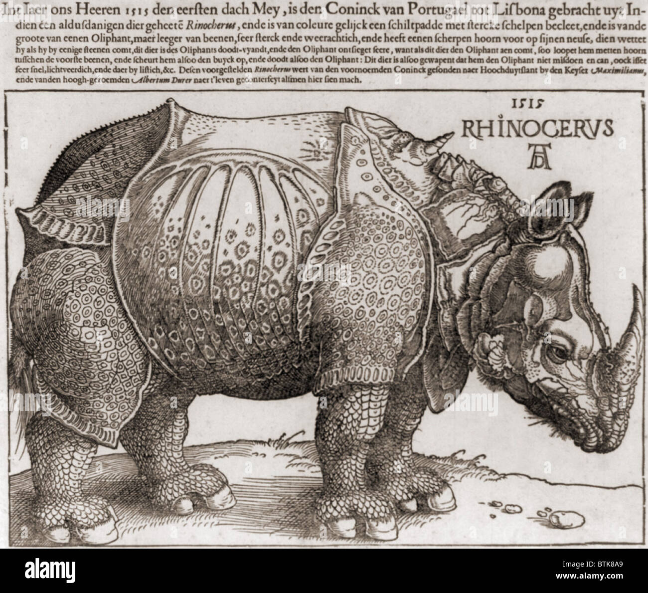 THE RHINOCEROS, Woodcut by Albrecht Durer, (1471-1528), drawn from the description of an Indian rhinoceros. While inaccurate, it was published as the authoritative natural history illustration for the next 300 years. Stock Photo