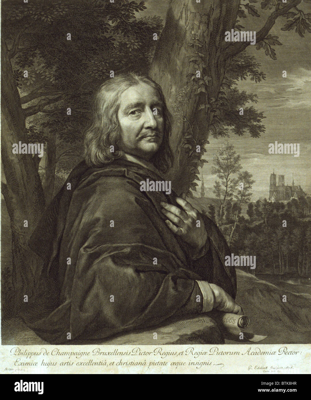 Philippe de Champaigne (1602-1674), French 17th century Baroque painter, based on his self-portrait of 1668. Engraved by Gérard Edelinck, 1676. Stock Photo