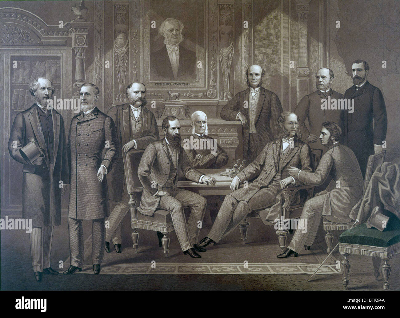 Kings of Wall Street, 1882. Left to right: Cyrus Field, Russell Sage, Rufus Hatch, Jay Gould, Sidney Dillon, Darius Ogden Mills, William H. Vanderbilt, August Belmont, George Ballou, James R. Keene Stock Photo