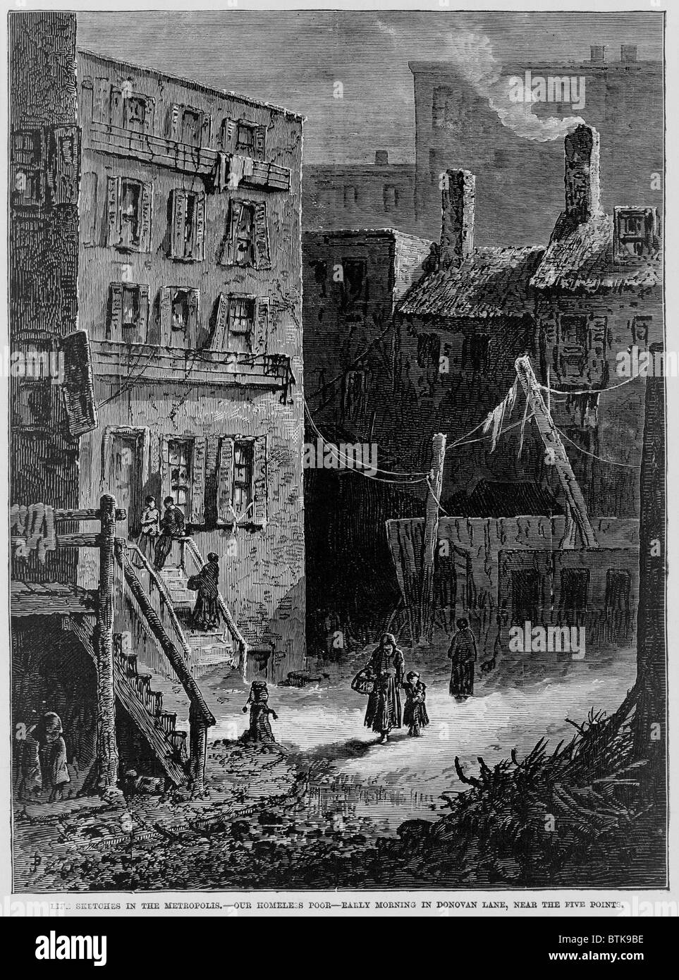 Homeless poor in Donovan Lane, near the Five Points slum neighborhood in New York City. 1872. Stock Photo