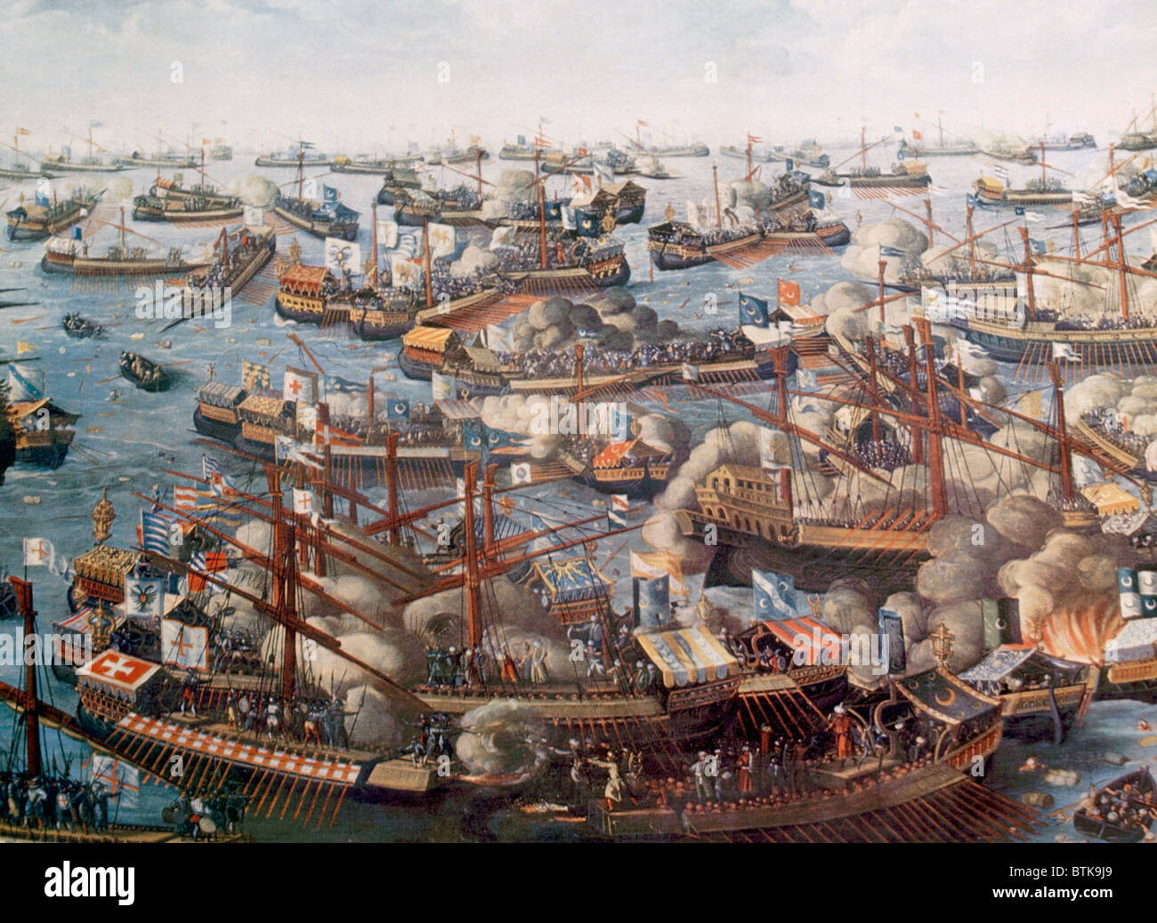 The Battle of Lepanto, the fleet of the Holy League destroys the Turkish fleet near Greece, October 7, 1571 Stock Photo