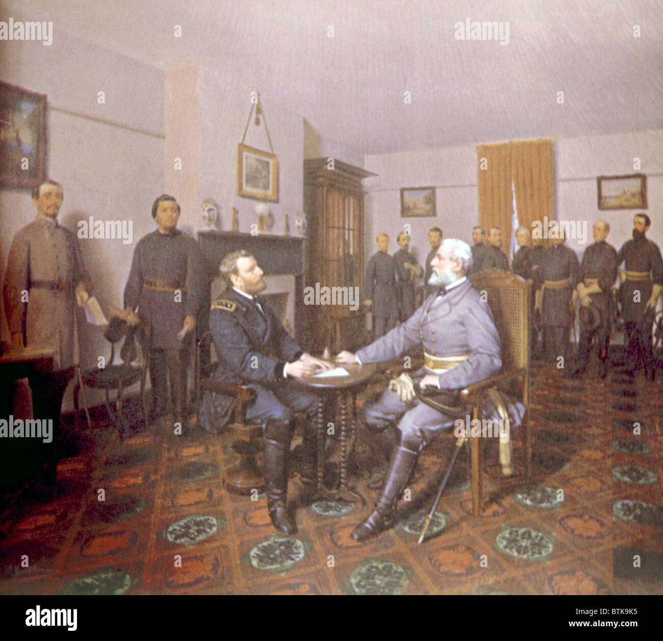 Confederate General Robert E. Lee surrendering to Union General Ulysses