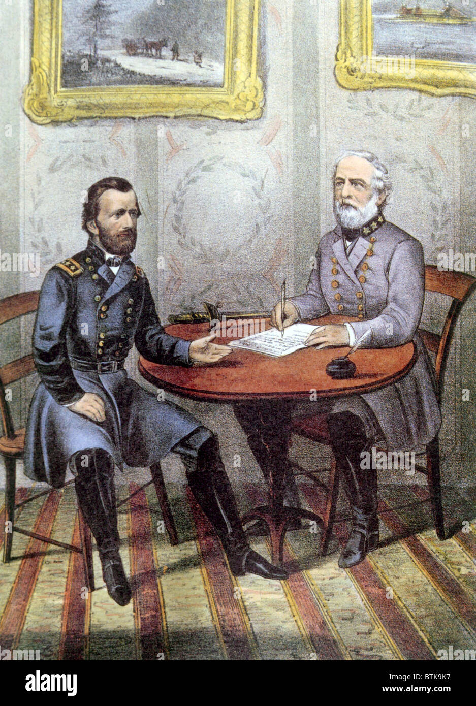 Confederate General Robert E. Lee surrenders to Union General Ulysses S. Grant at Appomattox Court House, Virginia, April 9, 1865, lithograph by Currier & Ives, 1865 Stock Photo