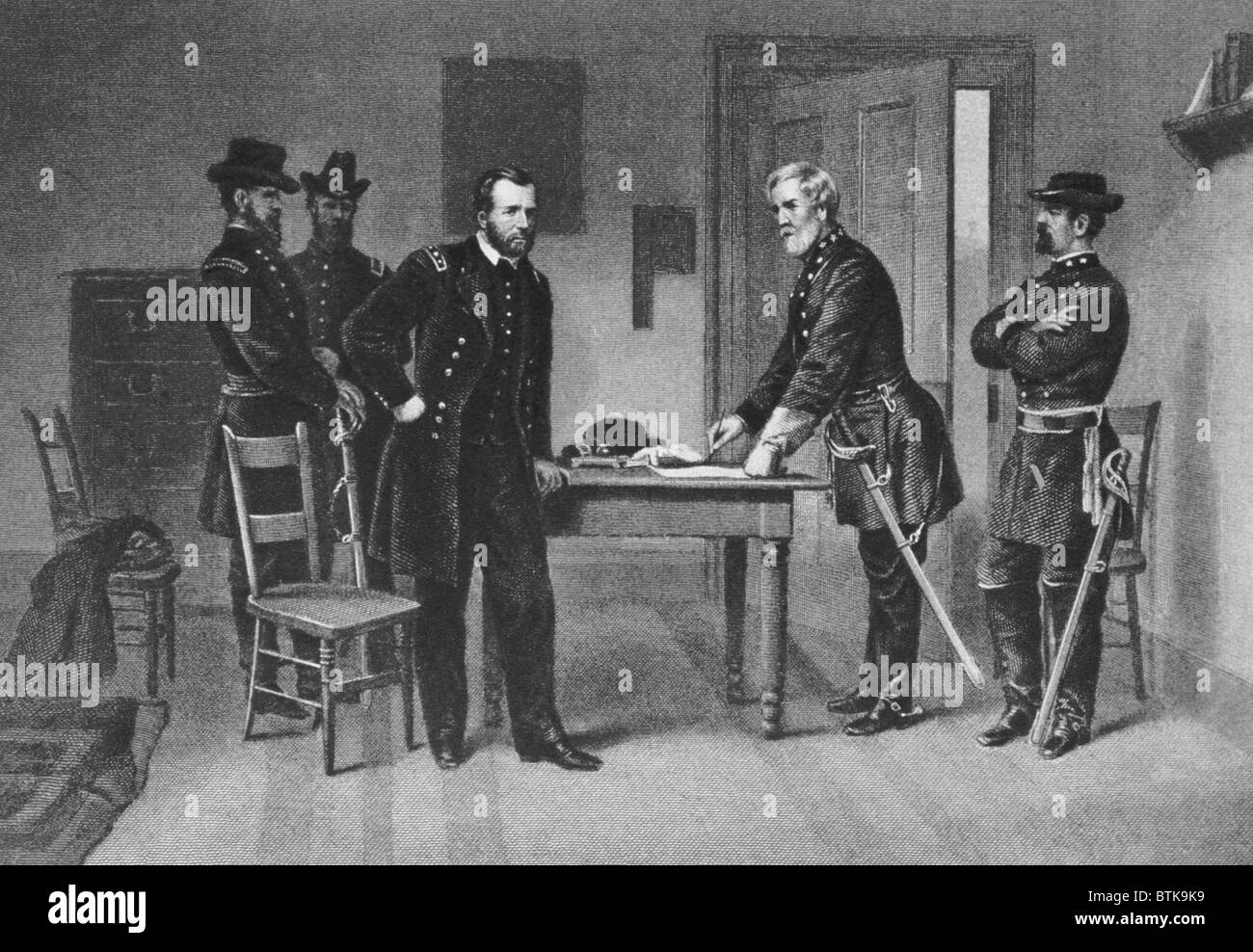 Confederate General Robert E. Lee surrenders to Union General Ulysses S. Grant at Appomattox Court House, Virginia, April 9, 1865, from The New York Times Stock Photo