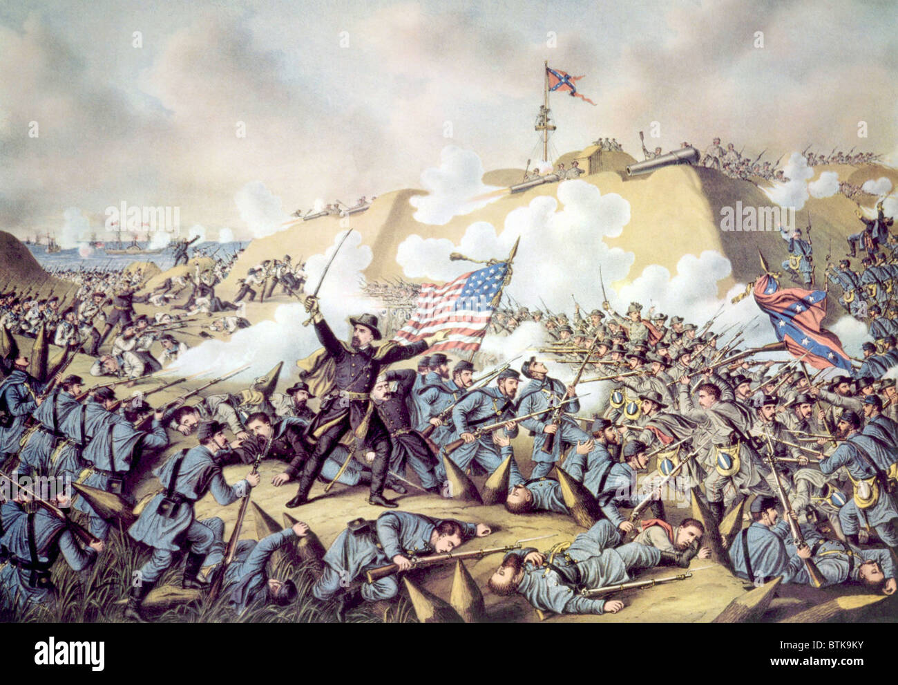 The capture of Fort Fisher by the Union Army, January 15, 1865, lithograph by Kurz & Allison, 1890 Stock Photo