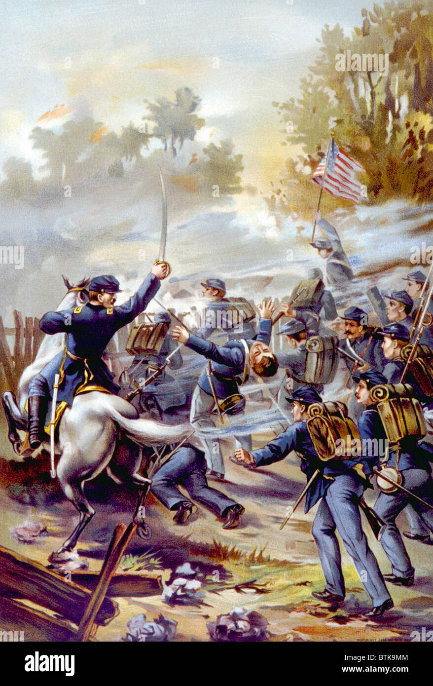 Union Army colonel and infantry volunteer troops in battle, 1864 Stock Photo