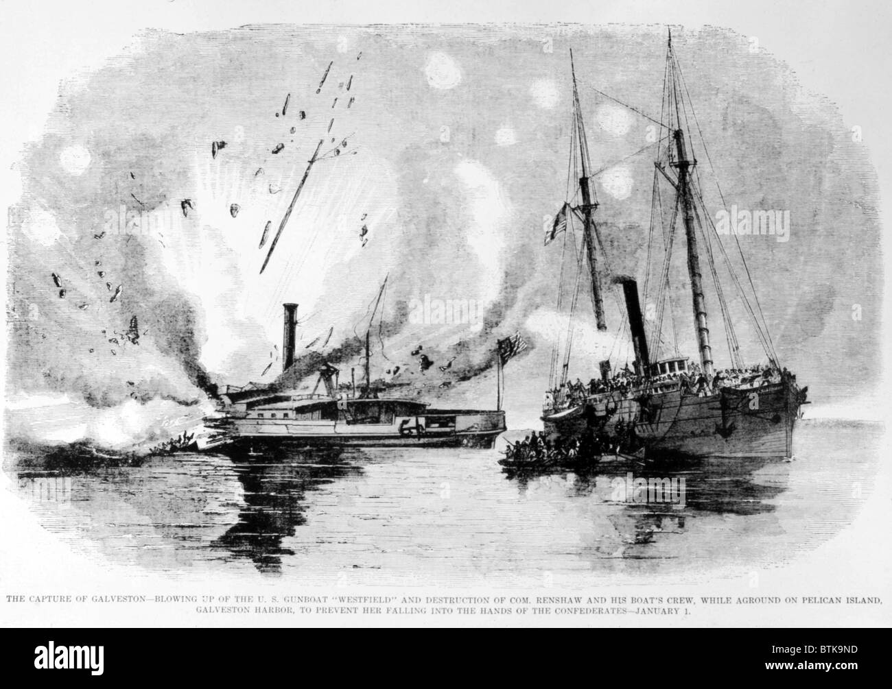 The Capture of Galveston, Texas, the blowing up of the Union gunboat Westfield, January 1, 1863 Stock Photo