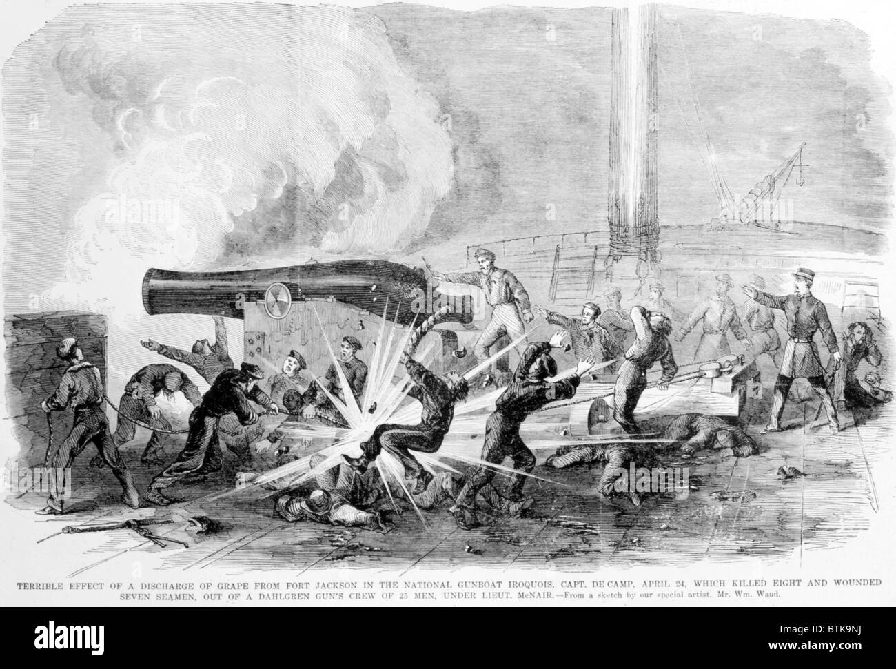Discharge of grape shot from Fort Jackson aboard the gunboat Iroquois, April 24, 1862 Stock Photo