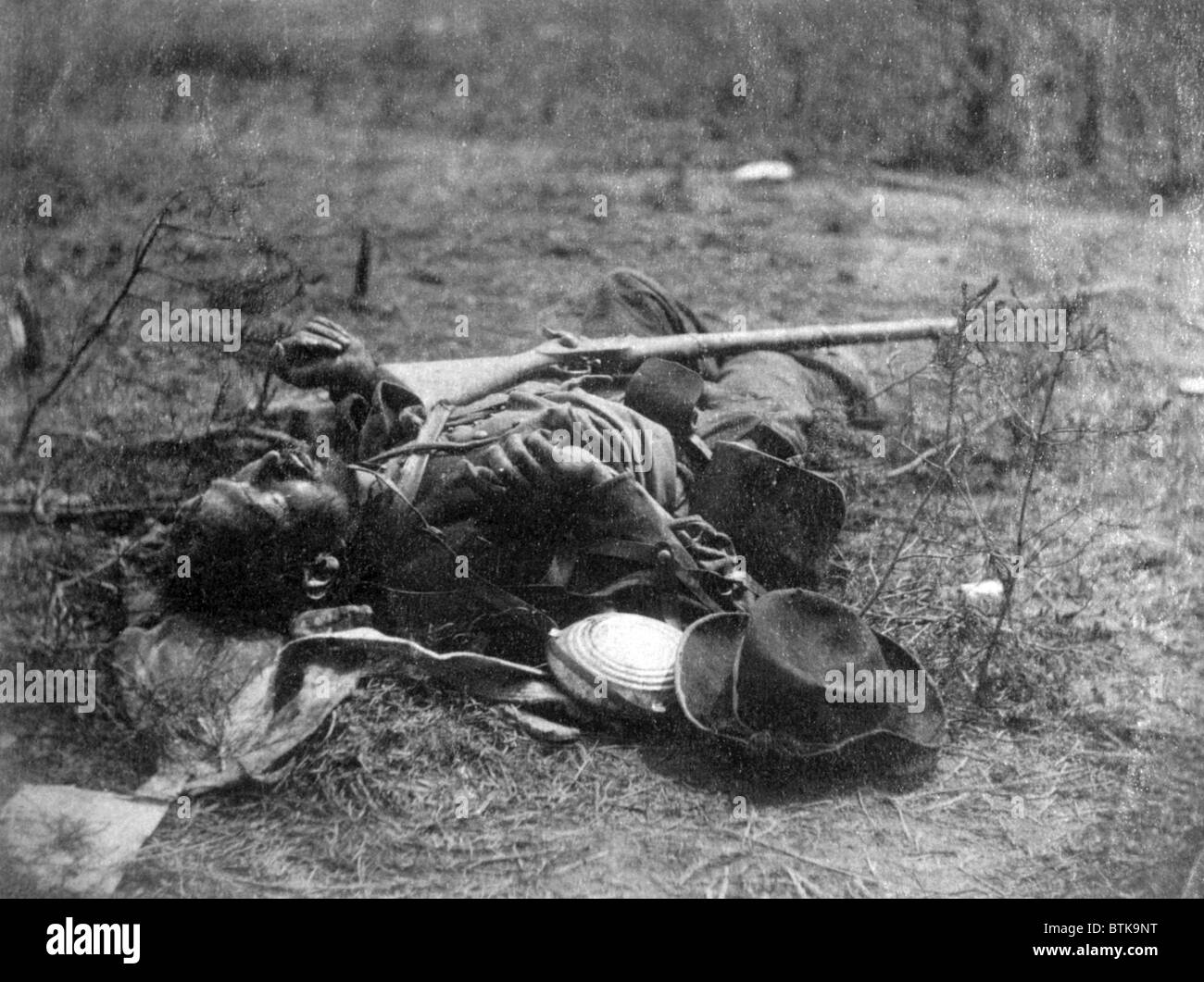 Dead Confederate soldier of Ewell's Corps near Spottsylvania Court House, Virginia, photo by Timothy O'Sullivan, May 19, 1864 Stock Photo