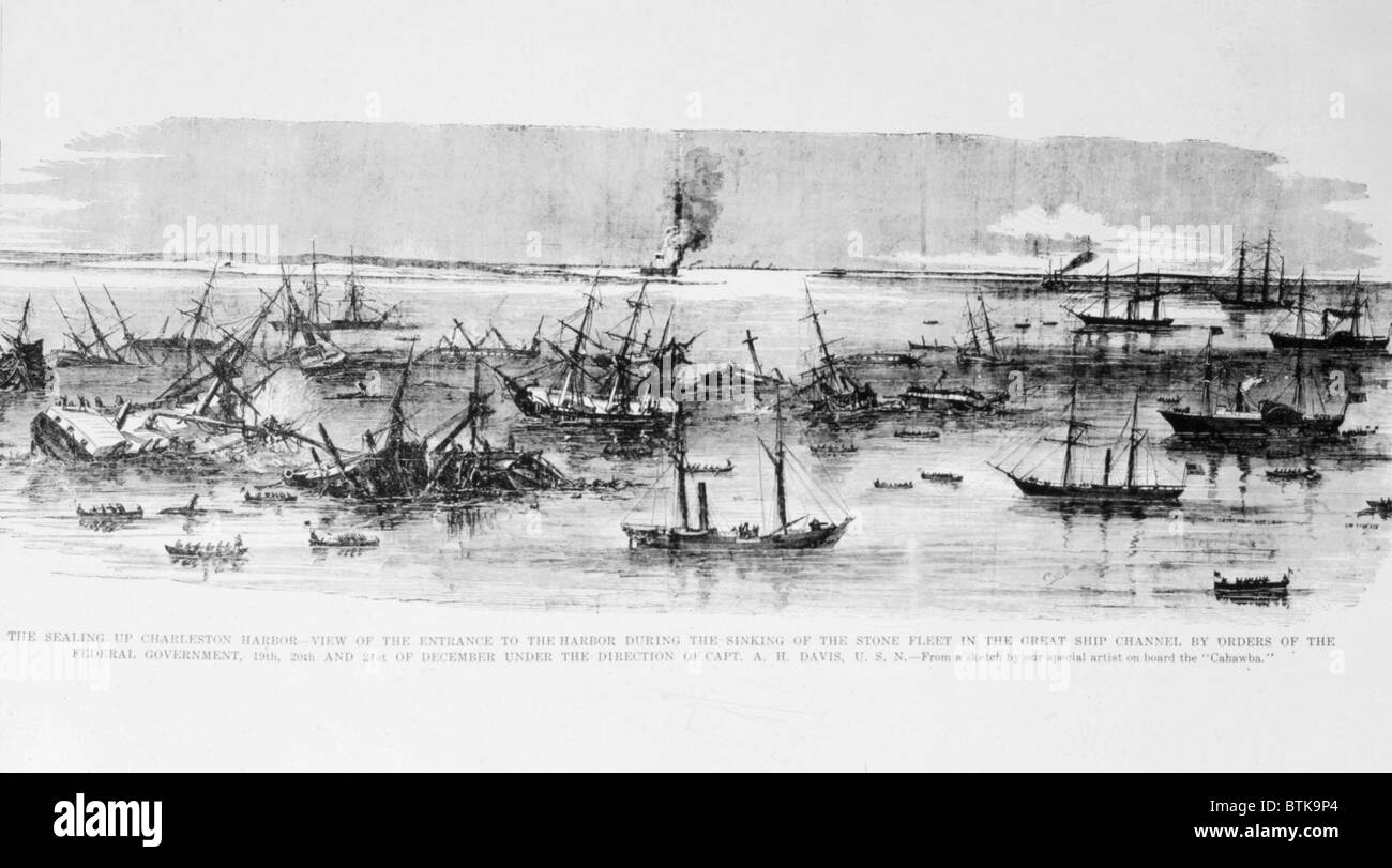 The Union sealing up of Charleston harbor entrance with the stone fleet, December 19-21, 1860, from Leslie's Weekly Stock Photo