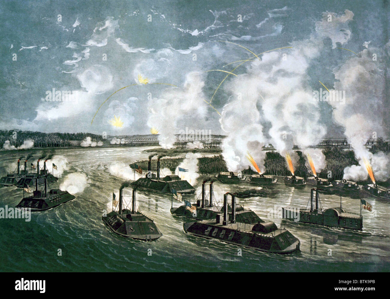 The bombardment and capture of Island 'Number Ten' on the Mississippi River, April 7, 1862, lithograph by Currier & Ives, 1862 Stock Photo