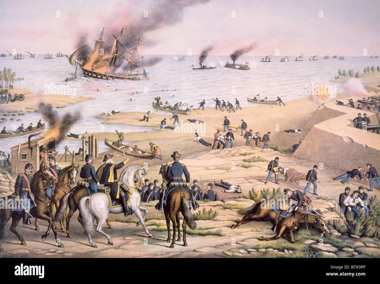 Sea battle the Union Monitor and the Confederate Merrimack, March 9, 1862, lithograph by Kurz & Allison, 1889 Stock Photo
