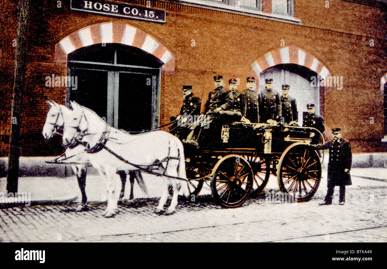 Horse-drawn fire engine, Provincetown, Rhode Island, c. 1902. Stock Photo