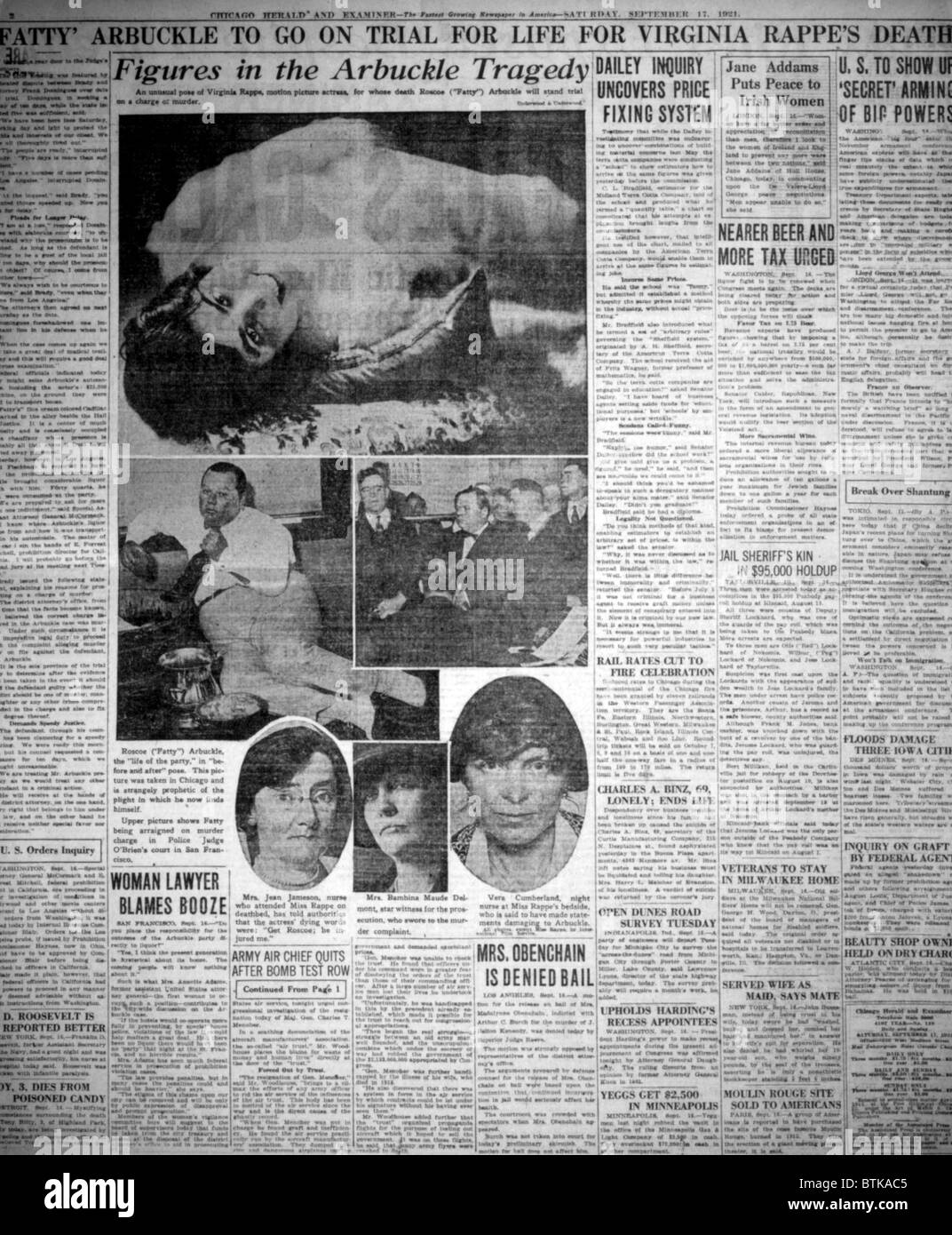 The Roscoe 'Fatty' Arbuckle murder case as reported in the Chicago Herald and Examiner, September 17, 1921 Stock Photo