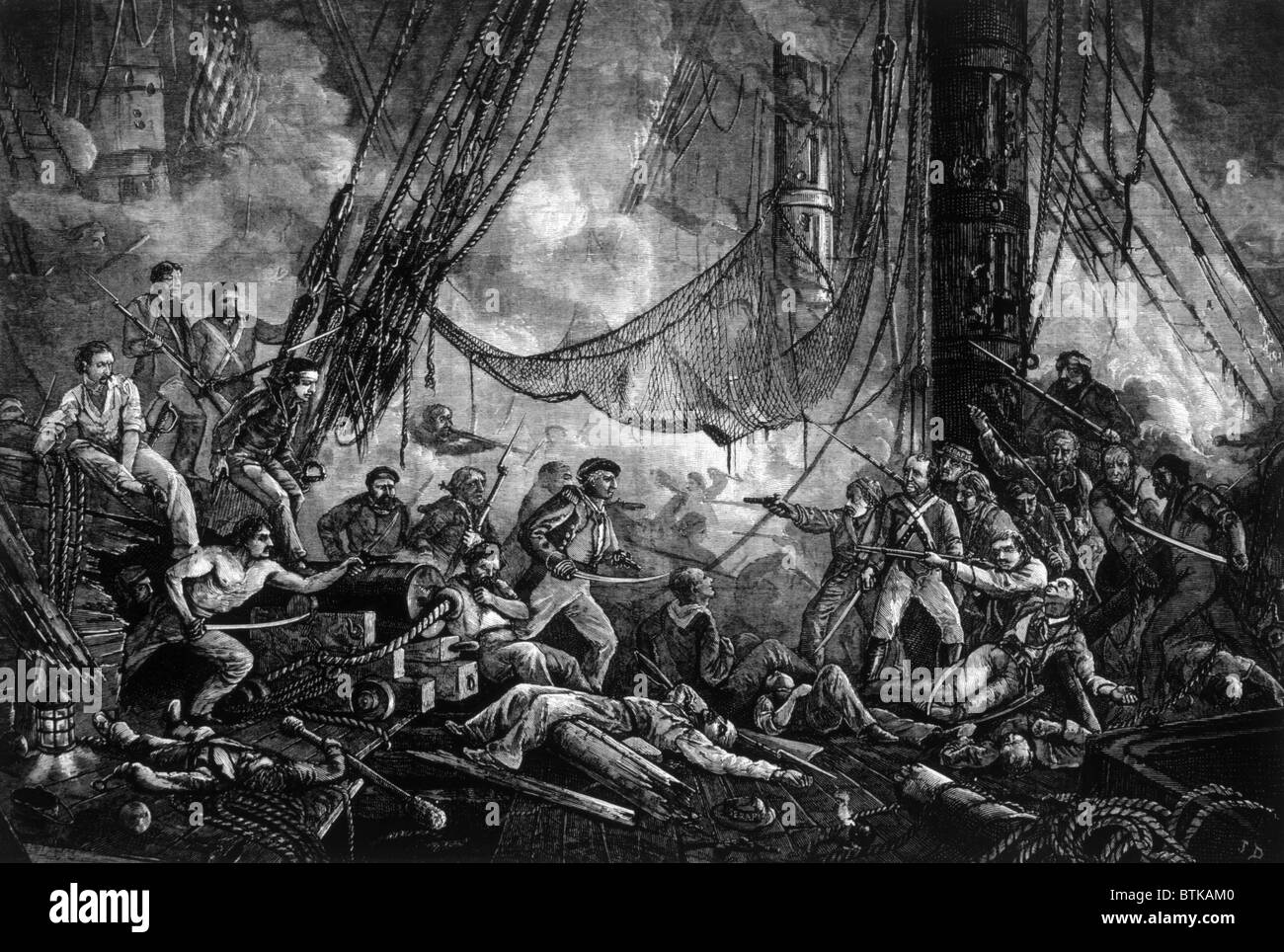 Captain John Paul Jones leading his crew in the capture of the British ship Serapis, September 23, 1779, engraving 1877 Stock Photo