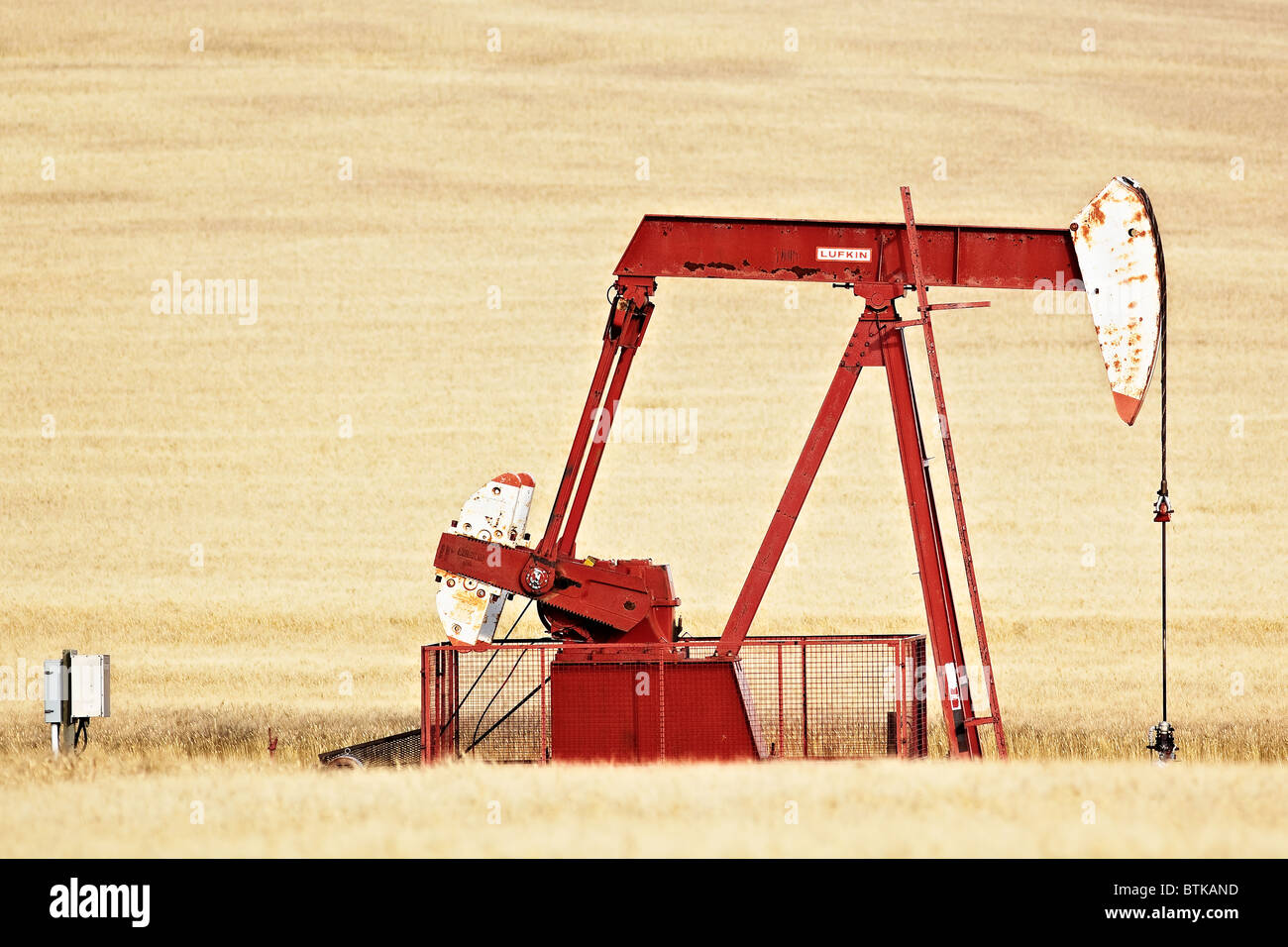 Oil well pump jack in a prairie wheat field, Gull Lake, Saskatchewan, Canada Stock Photo
