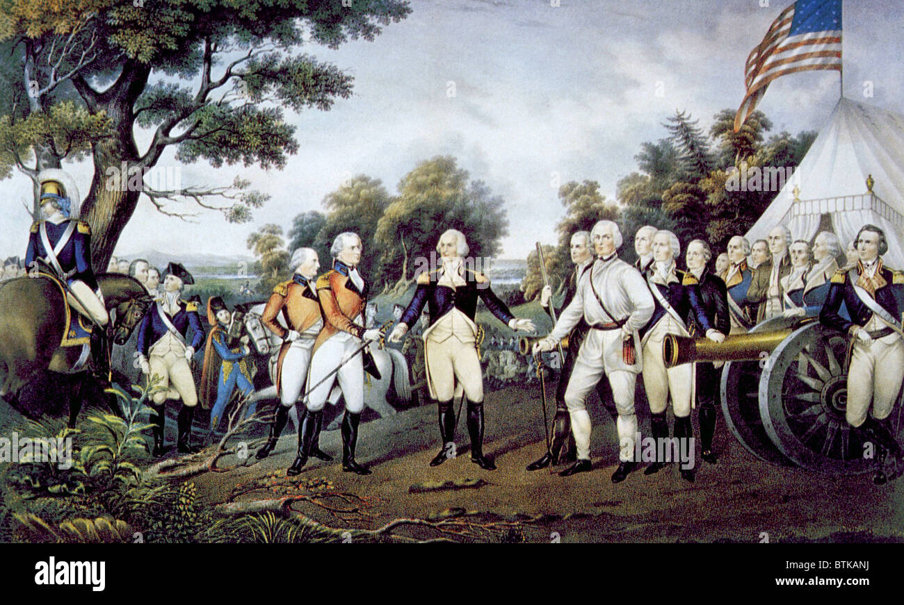 The surrender of British General John Burgoyne to American General Horatio Gates at Saratoga, New York, October 17, 1777, lithograph by Nathaniel Currier after painting by John Trumbull, 1852 Stock Photo