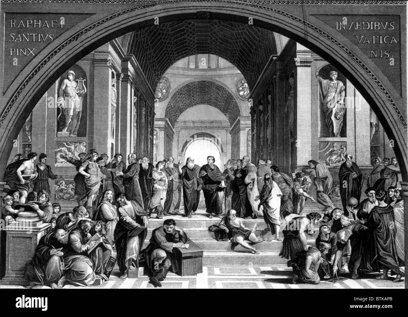 Socrates (center, left), at the school of Athens, 400 BC. Engraving after painting by Raphael. Stock Photo
