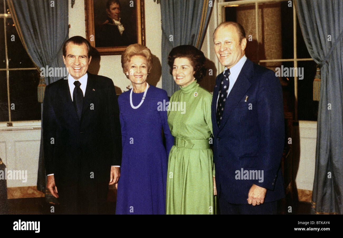 President Richard Nixon, Pat Nixon, Betty Ford, and Representative Gerald Ford following his as the President's choice to succeed disgraced Vice President Sprio T. Agnew. October 12, 1973. Stock Photo