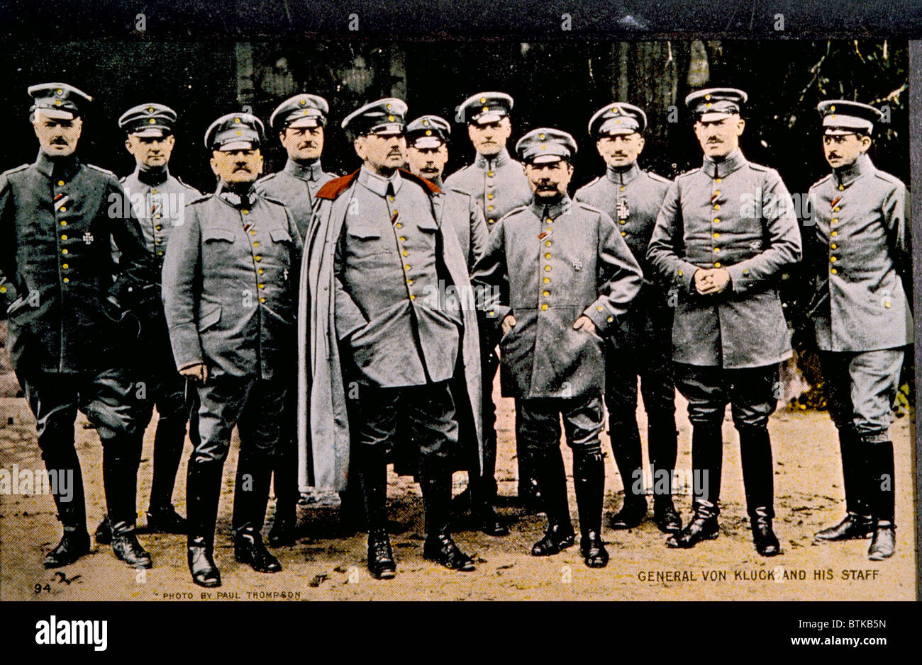World War I, German General Alexander Von Kluck (with cape), in charge of the campaign in Belgium and France, with members of his general staff, 1914 Stock Photo
