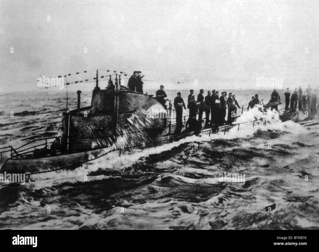World War I, crew of the German U-boat U-58 on deck as it is captured by the American Navy, U.S. Navy photo, 1918 Stock Photo
