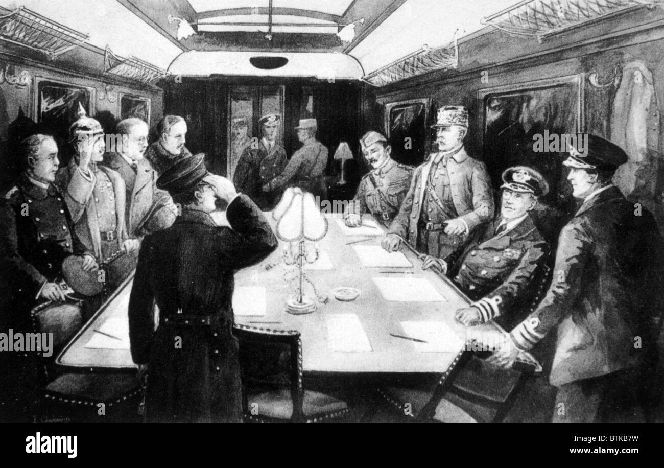 World War I, the signing of the Armistice in the railway car at Compiegne, France, included in picture are General Maxime Weygand, Marshal Ferninand Foch, Sir Rosslyn Wemis, and Admiral George Hope at right, November 11, 1918 Stock Photo