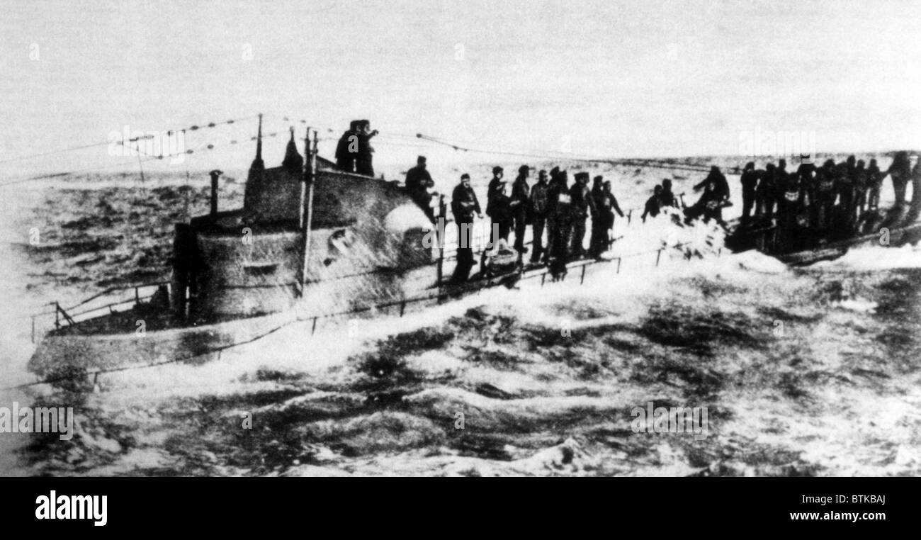 World War I, German Uboat with crew on deck, from The New York Times