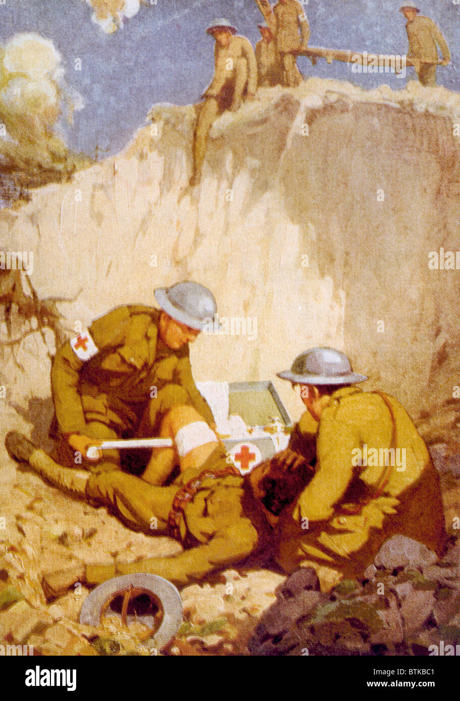 World War I, medics giving first aid on the battlefield in France, painting by J.R. Verrus, 1918