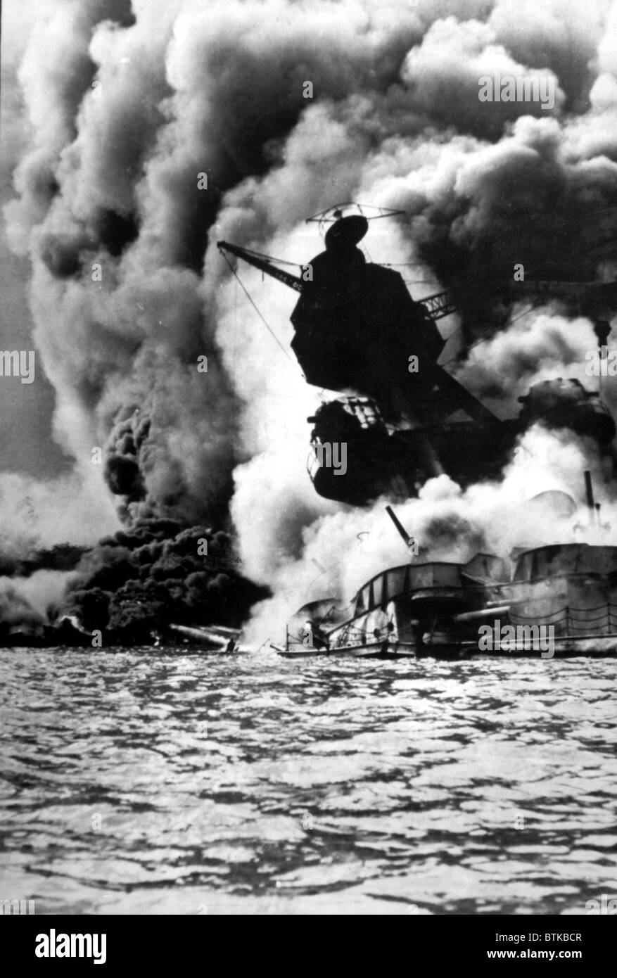 World War II, Pearl Harbor, Hawaii, the destruction of the USS Arizona, December 7, 1941, official U.S. Navy photograph Stock Photo