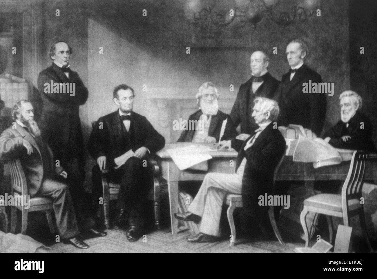 President Abraham Lincoln reading the Emancipation Proclamation to his Cabinet, 1862 Stock Photo