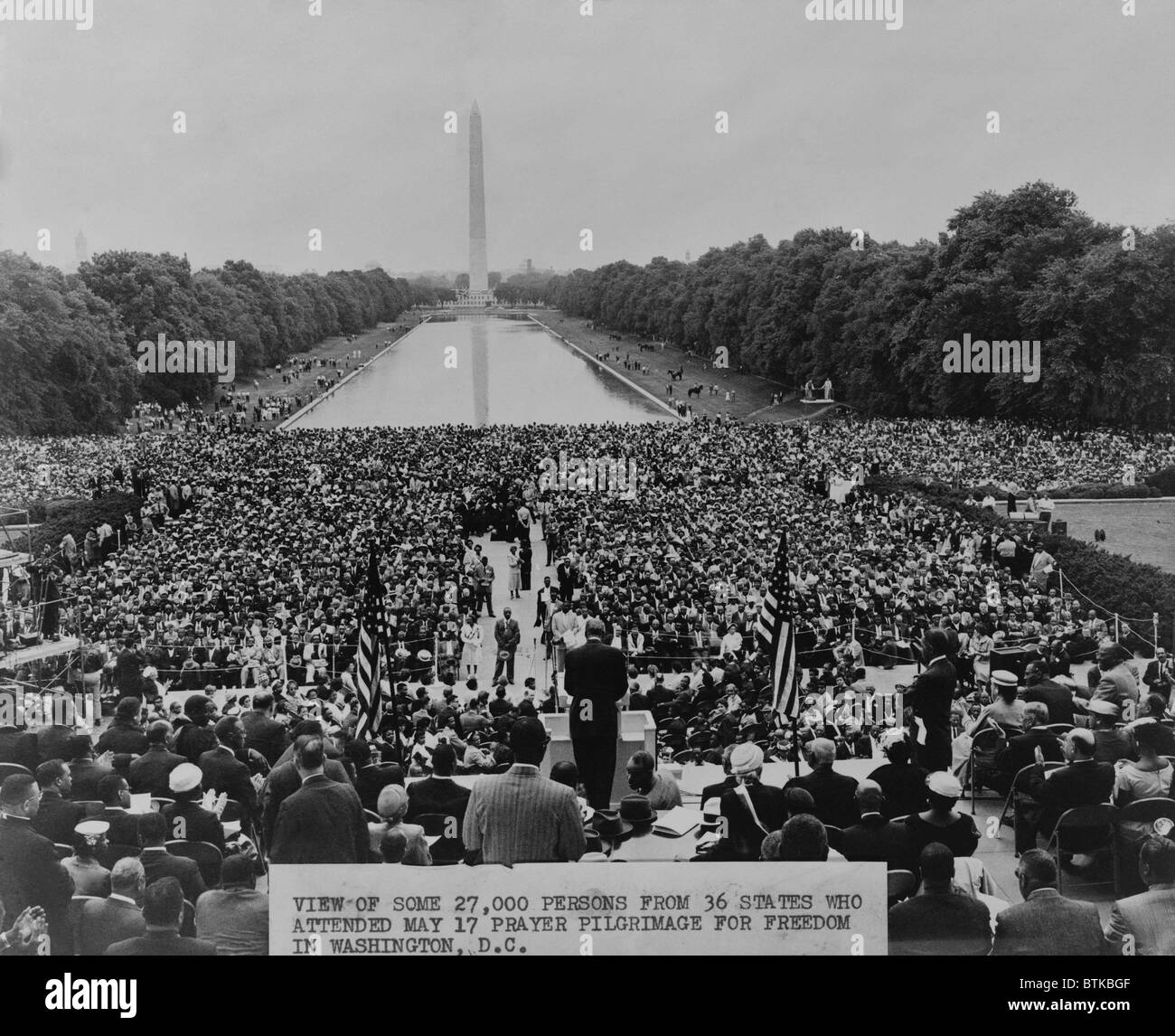 The 1957 civil rights demonstration, Prayer Pilgrimage for Freedom, at the Lincoln Memorial, drew 27,000 people to mark the third anniversary of the Brown v. Board of Education Supreme Court ruling and to protest the slow progress in School desegregation. Stock Photo