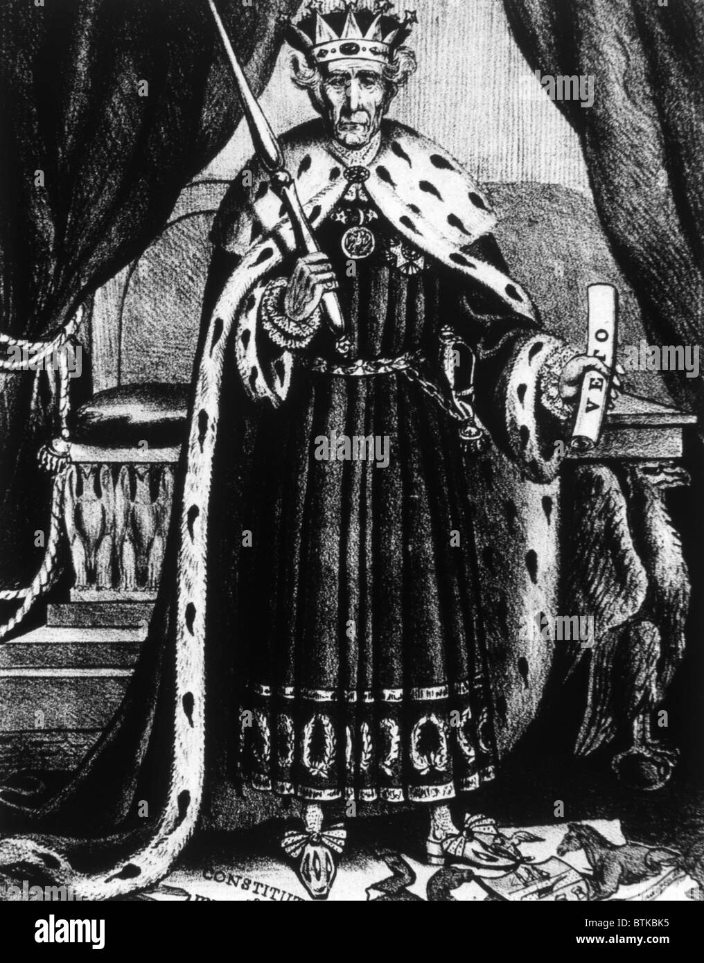 Political cartoon of President Andrew Jackson depicting him as 'King Andrew the First' after exercising his veto power Stock Photo