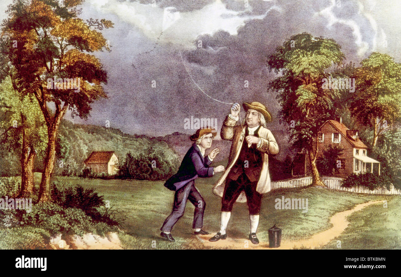 'Franklin's Experiment, June 1752,' Benjamin franklin demonstrating the identity of lightning and electricity from which he invented the lightning rod, painting by Currier & Ives, 1876 Stock Photo
