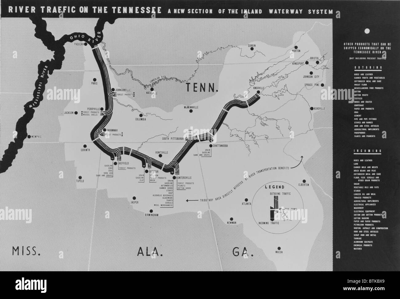 Map diagrams the river transport development plan for the New Deal public works project authorized when President Franklin D. Roosevelt signed the Tennessee Valley Authority Act on May 18, 1933, during the First Hundred Days of his administration. Stock Photo
