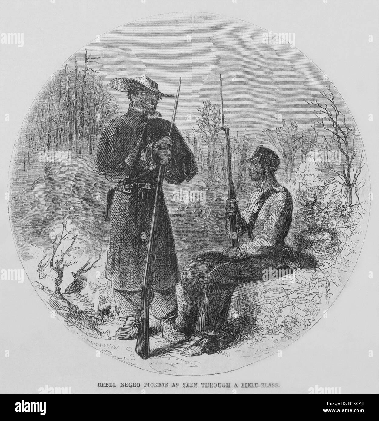 Fully armed Confederate African American pickets as seen through a Union officer's field-glass, while on outpost duty at Fredericksburg. Pickets were soldiers placed in a forward of a position to warn against an enemy advance. January 1863, from drawing by Theodore R. Davis. Stock Photo