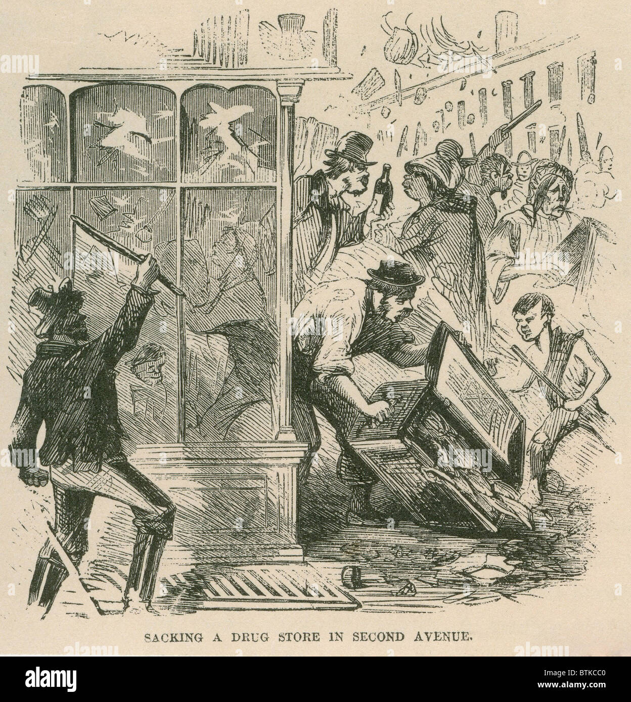 Mob looting of a drug store on Second Avenue during Draft Riots in New York City of July 13-16, 1863. The riots started as protest against a federal conscription act, that spread to general disorder and resulted in the death of 120 people. Stock Photo