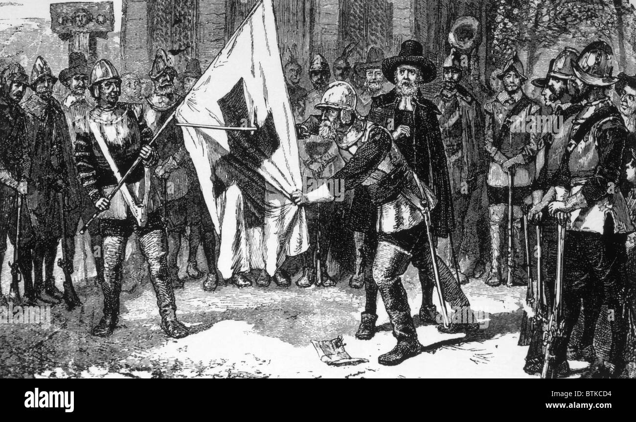 Governor John Endecott of Massachusetts defying the church because of Roger Williams' denunciation of the use of the cross in the flag, 1629 Stock Photo