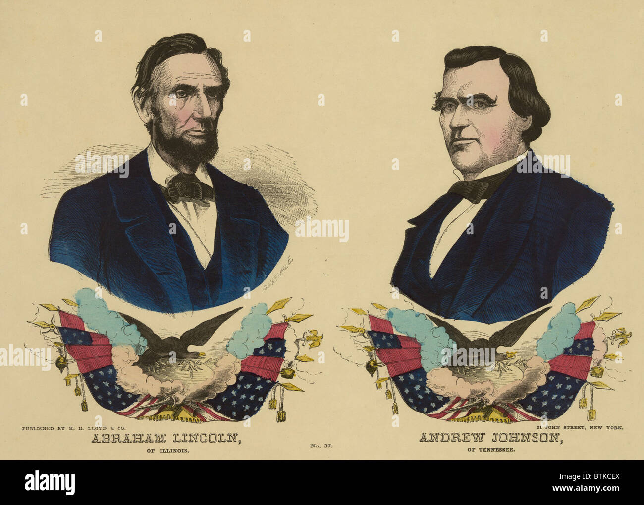 Campaign banner for the Republican ticket in the 1864 presidential election, Abraham Lincoln of Illinois and Andrew Johnson of Tennessee. 1864. Stock Photo