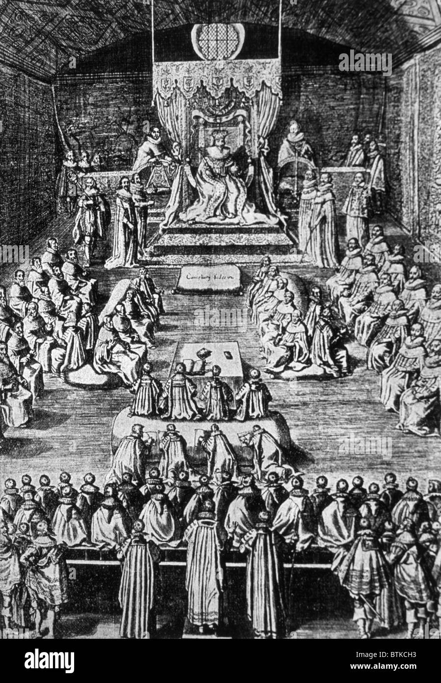 King Charles I (1600-1649), King of England, Scotland, and Ireland from 1625 until his execution in 1649. Charles I opening Parliament, ...