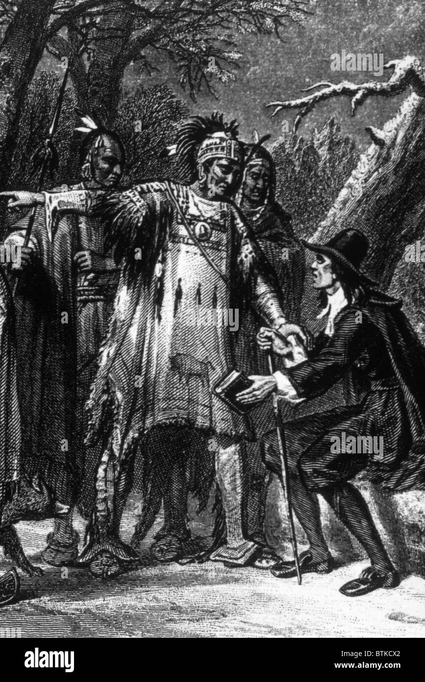 Roger Williams (right) being sheltered by Native Americans after fleeing Massachusetts Colony to avoid arrest, 1636 Stock Photo