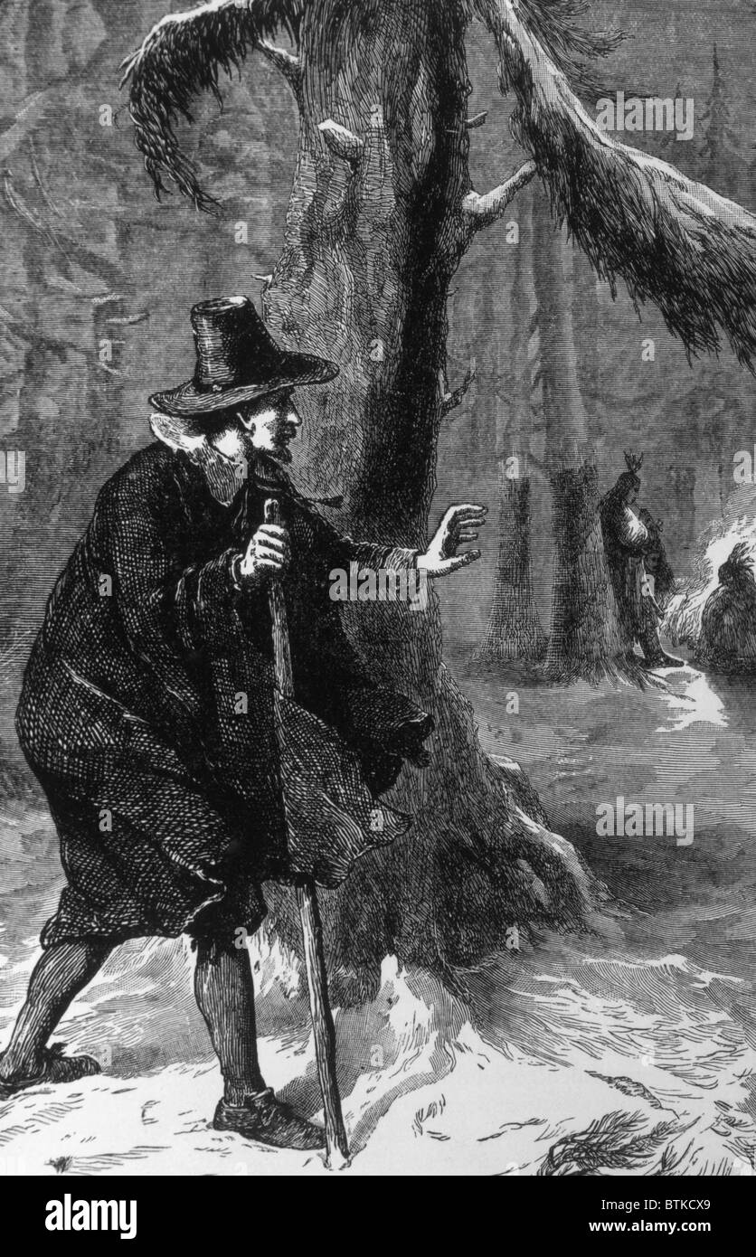 Roger Williams seeking refuge with the Narragansett Indians after banishment from the Massachusetts Bay colony, 1635 Stock Photo